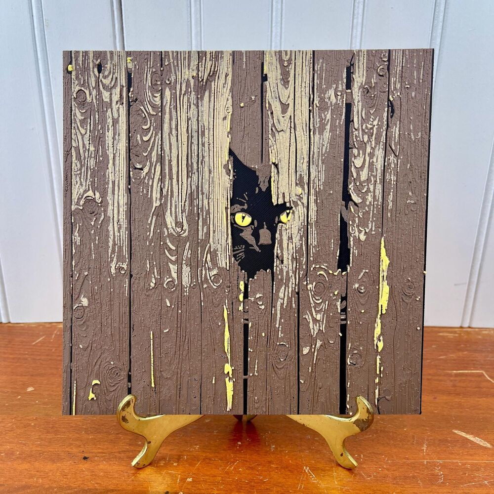 Black Cat Behind the Fence Wall Art, Cat Peeking Through Fence